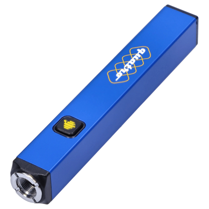 Angled close-up of the blue HoneyStick Quatro Variable Voltage Vape showing its rectangular body, logo and square black button.