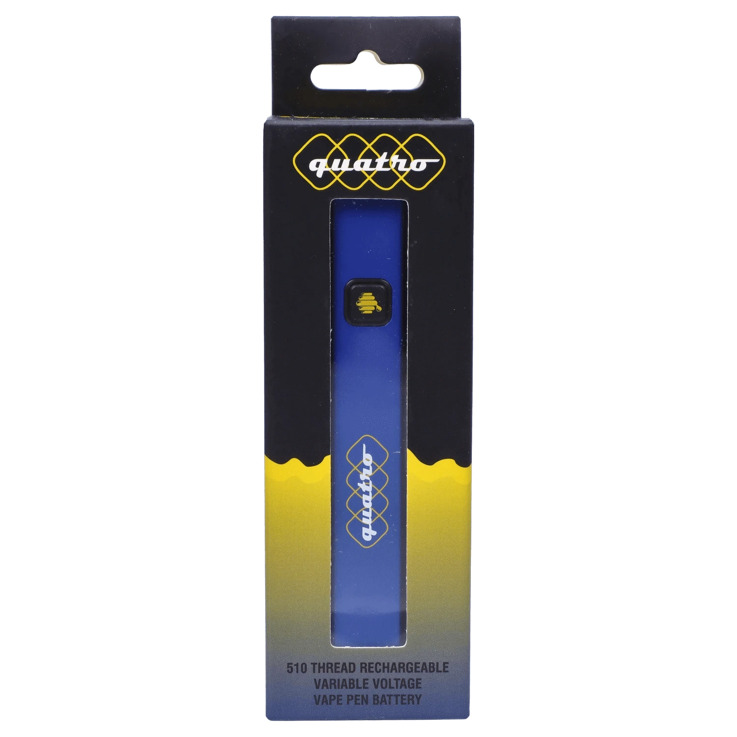 Centered front view of the HoneyStick Quatro Variable Voltage Vape Blue in its black and yellow windowed box showing the blue pen and logo.