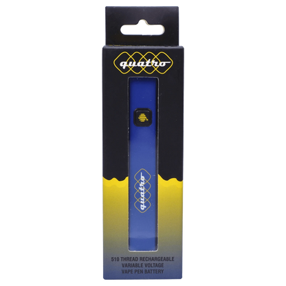 Centered front view of the HoneyStick Quatro Variable Voltage Vape Blue in its black and yellow windowed box showing the blue pen and logo.