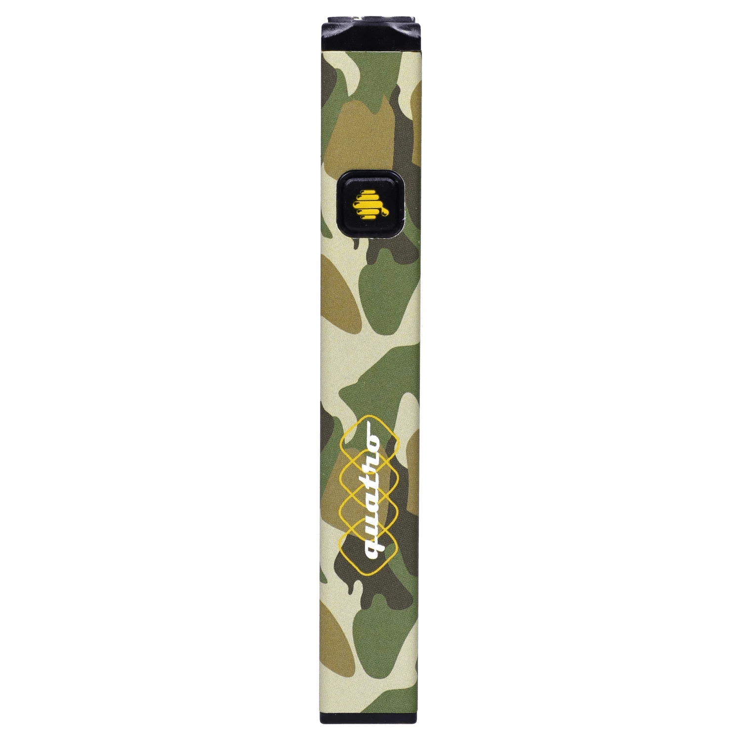 Center-aligned front view of the HoneyStick Quatro Variable Voltage Vape Camo showing its green and tan camouflage pattern, square black button with a yellow bee icon, and white logo.