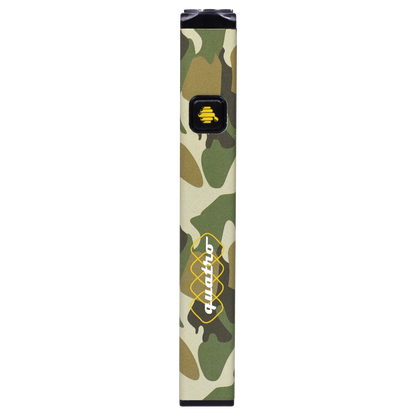 Center-aligned front view of the HoneyStick Quatro Variable Voltage Vape Camo showing its green and tan camouflage pattern, square black button with a yellow bee icon, and white logo.