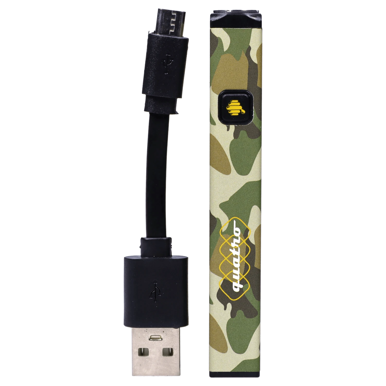 Vertical close-up of the camo HoneyStick Quatro Variable Voltage Vape Camo with its rectangular button and USB charging cable alongside.