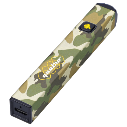 Angled close-up of a camo HoneyStick Quatro Variable Voltage Vape Camo showing its rectangular body, power button, and USB charging port.