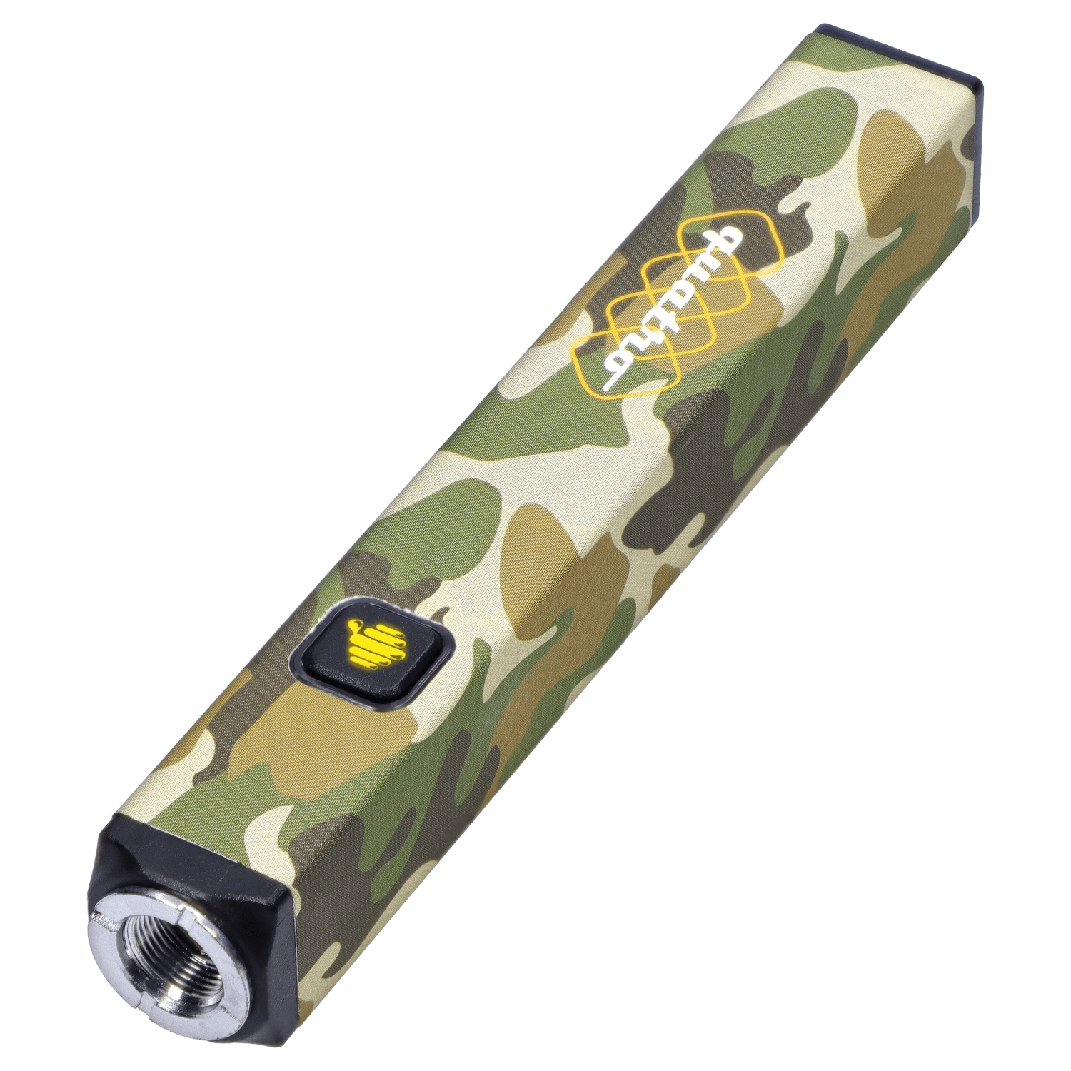 Angled close-up of the camo HoneyStick Quatro Variable Voltage Vape Camo showing its hexagonal mouthpiece, textured camouflage finish, and yellow logo button.