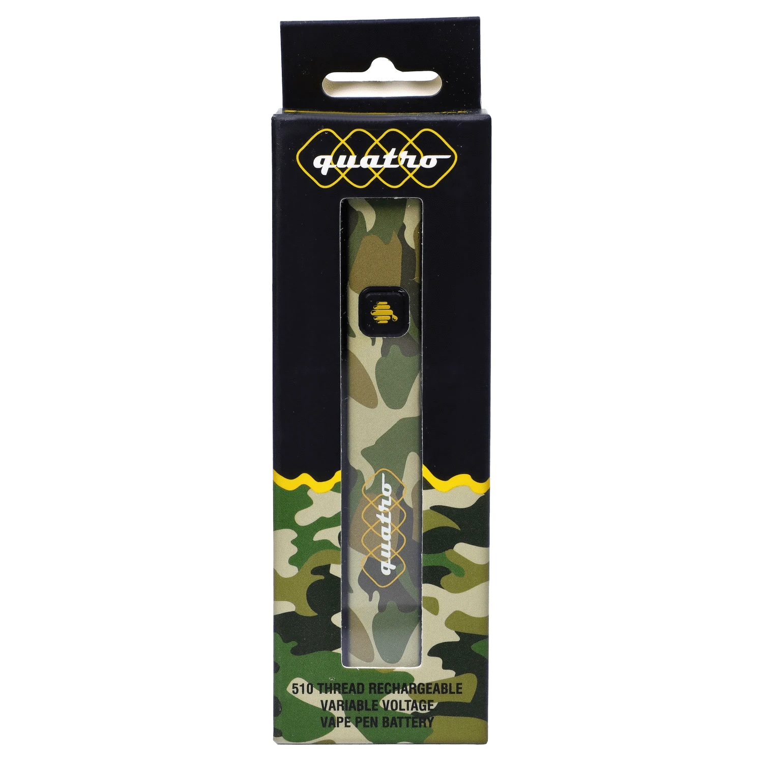 Front-facing product shot of the HoneyStick Quatro Variable Voltage Vape Camo in its black-and-camo windowed box showing the camo-patterned pen and centered button.