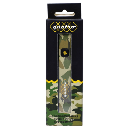 Front-facing product shot of the HoneyStick Quatro Variable Voltage Vape Camo in its black-and-camo windowed box showing the camo-patterned pen and centered button.