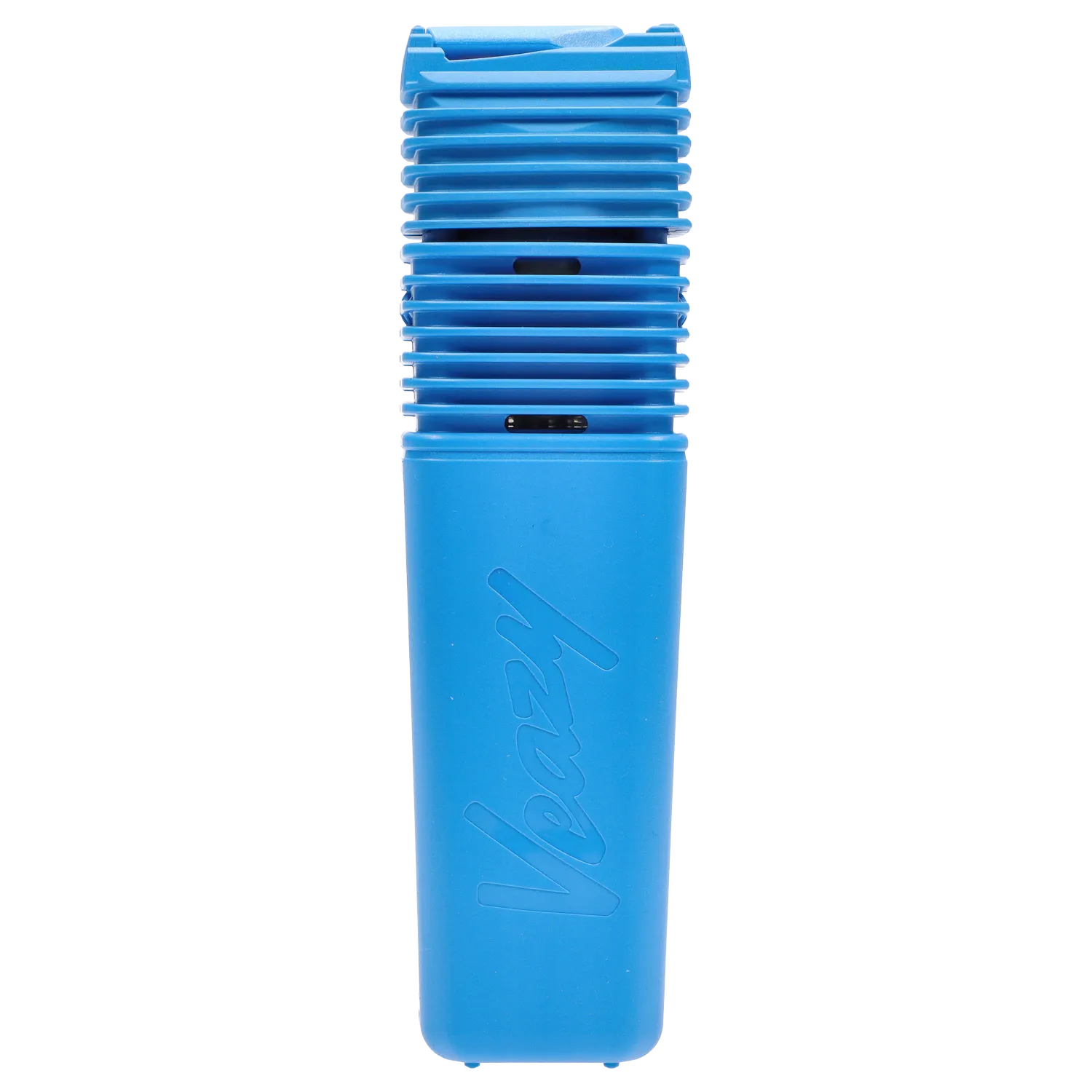 Close-up vertical shot of the Dynamic Blue Storz & Bickel Veazy Vaporizer showing its ribbed top vents and embossed "Veazy" body.