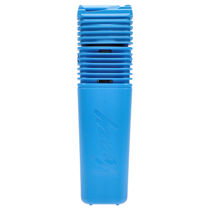 Close-up vertical shot of the Dynamic Blue Storz & Bickel Veazy Vaporizer showing its ribbed top vents and embossed "Veazy" body.