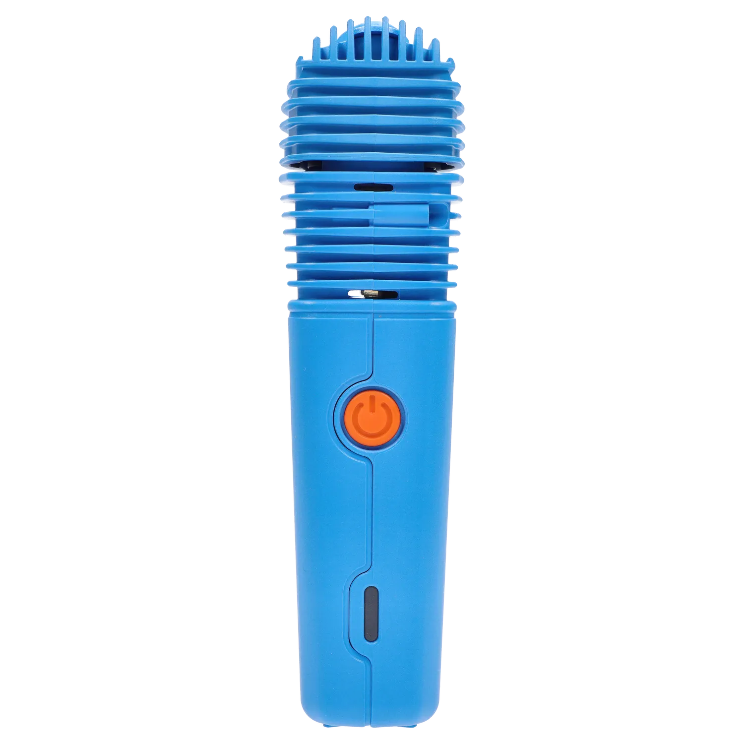 Vertical close-up of the Storz & Bickel Veazy Vaporizer – Dynamic Blue showing the ribbed top, orange power button, and smooth lower body.