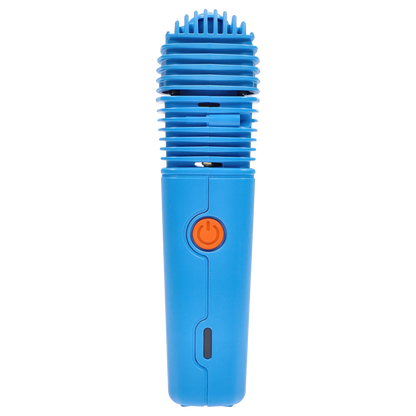 Vertical close-up of the Storz & Bickel Veazy Vaporizer – Dynamic Blue showing the ribbed top, orange power button, and smooth lower body.
