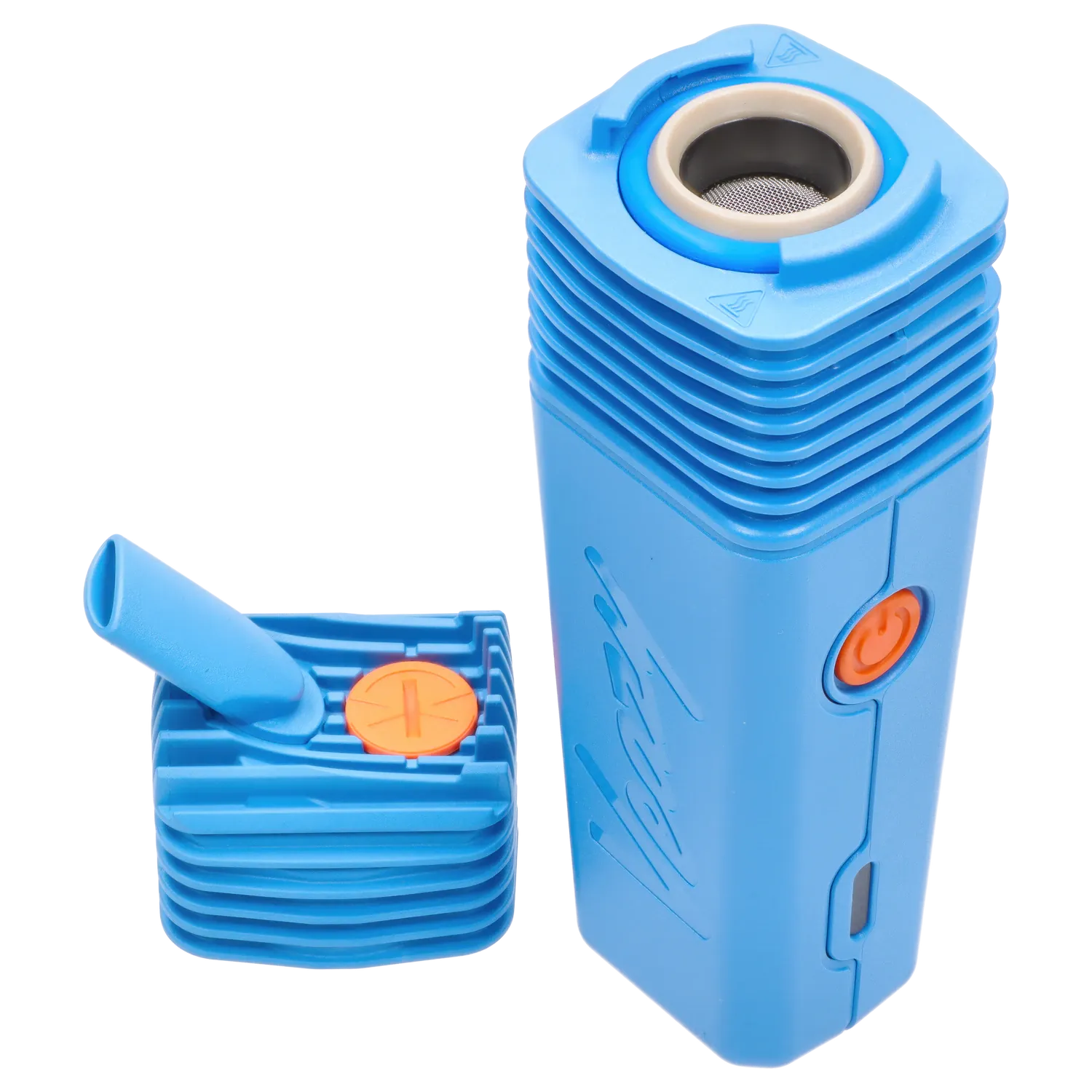 Angled close-up of the Dynamic Blue Storz & Bickel Veazy Vaporizer showing its ribbed body, orange power button, and separate blue mouthpiece section.