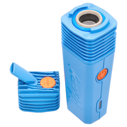 Angled close-up of the Dynamic Blue Storz & Bickel Veazy Vaporizer showing its ribbed body, orange power button, and separate blue mouthpiece section.