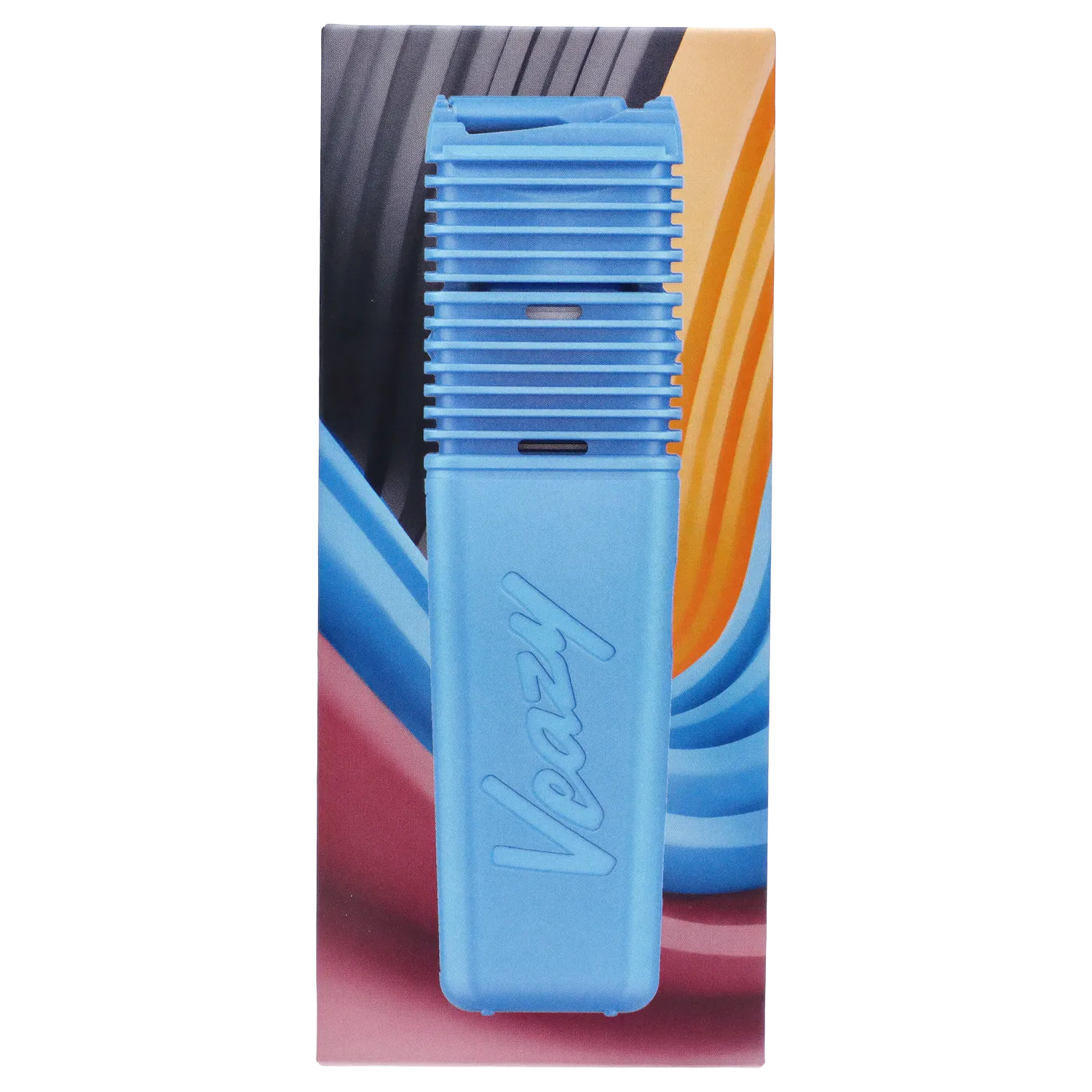 Close-up vertical shot of the Dynamic Blue Storz & Bickel Veazy Vaporizer centered against a colorful abstract background.