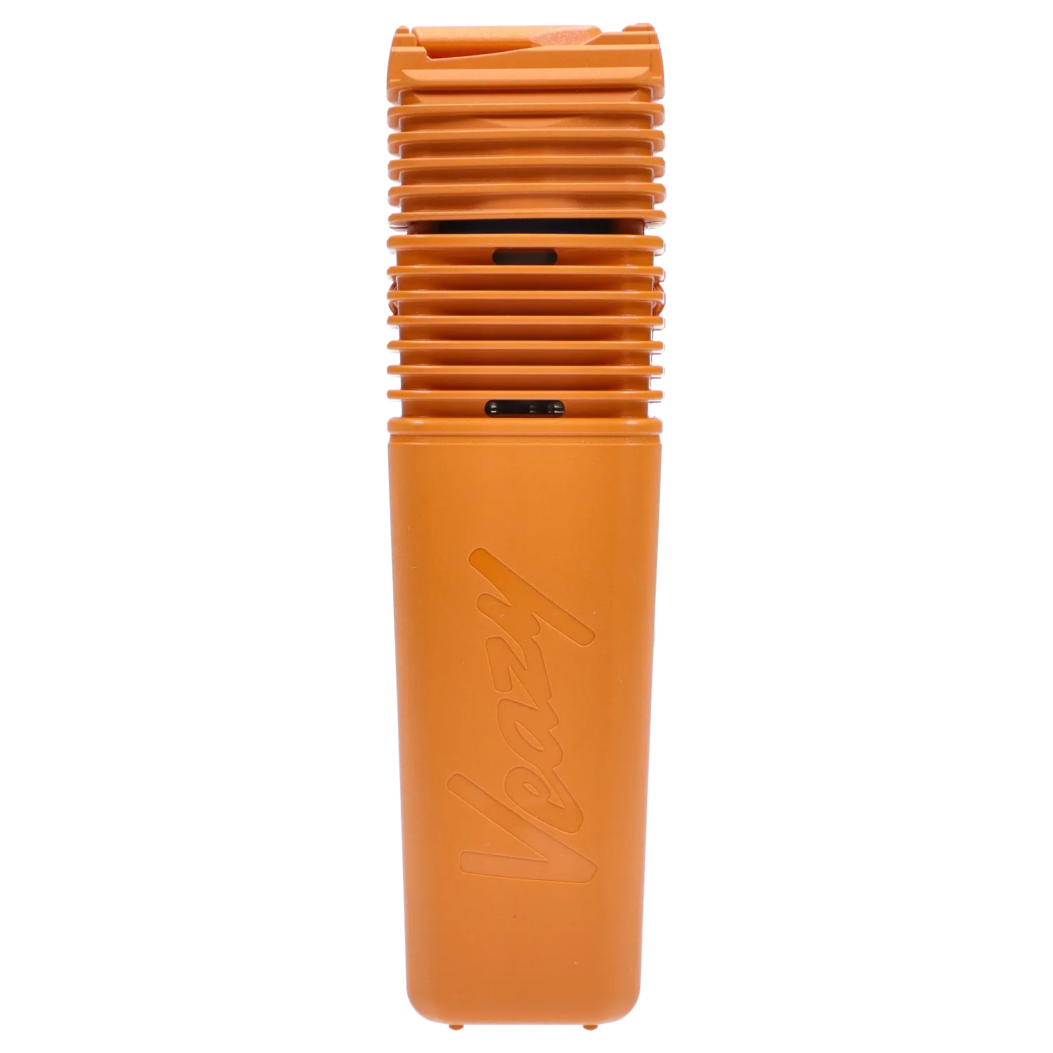 Close-up vertical shot of the Storz & Bickel Veazy Vaporizer – Inspiring Orange showing the ribbed top vents and embossed "Veazy" on the smooth orange body.