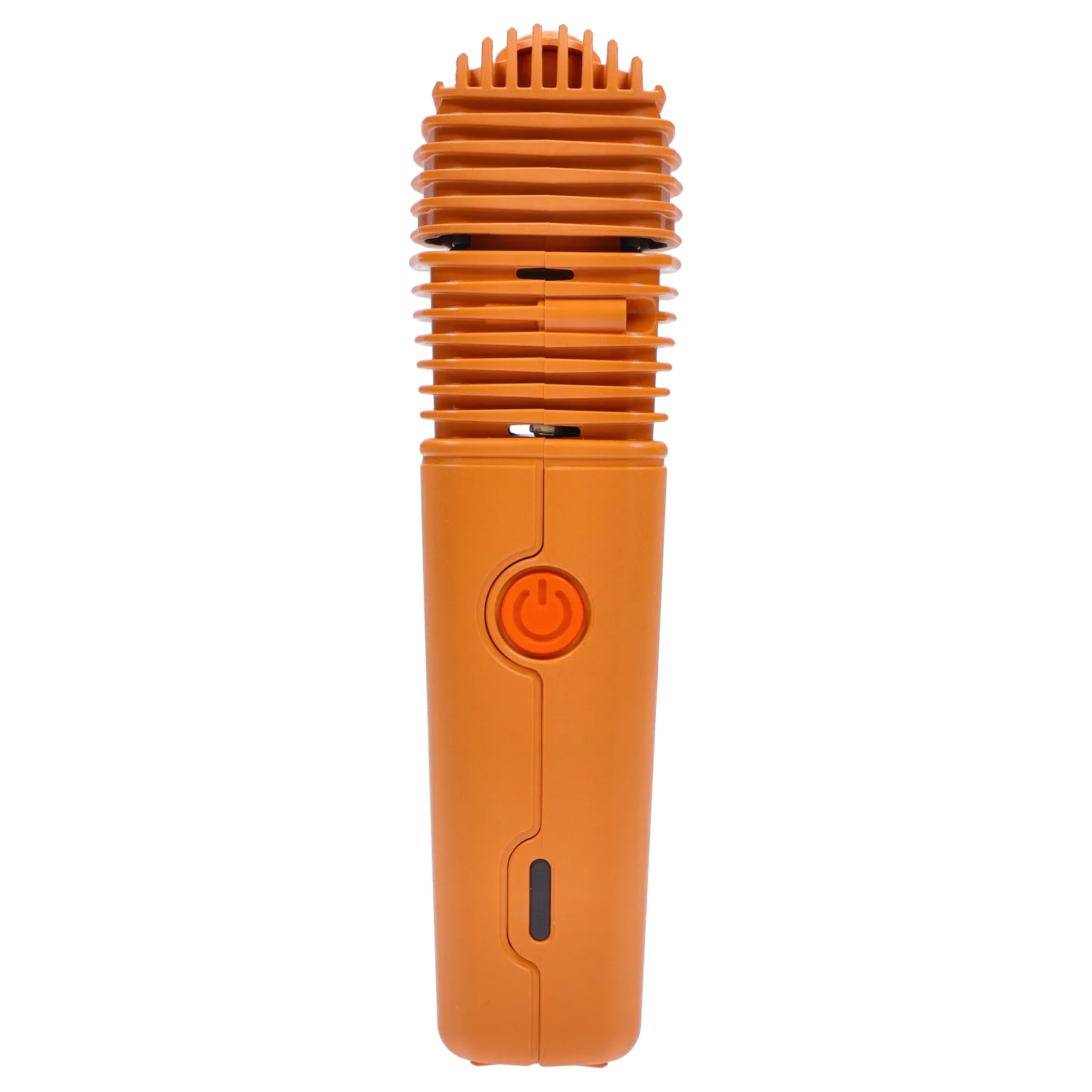 Close-up front view of the orange Storz & Bickel Veazy Vaporizer – Inspiring Orange showing the ribbed top, central power button, and slim body.