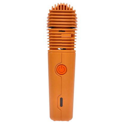 Close-up front view of the orange Storz & Bickel Veazy Vaporizer – Inspiring Orange showing the ribbed top, central power button, and slim body.