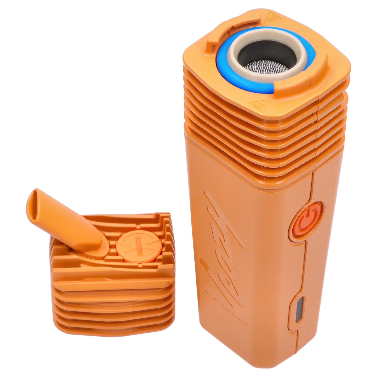 Close-up angled view of the stacked, ribbed Storz & Bickel Veazy Vaporizer – Inspiring Orange showing its open top chamber, blue gasket, and detached mouthpiece.