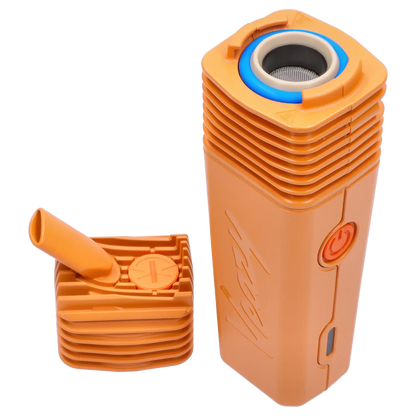 Close-up angled view of the stacked, ribbed Storz & Bickel Veazy Vaporizer – Inspiring Orange showing its open top chamber, blue gasket, and detached mouthpiece.