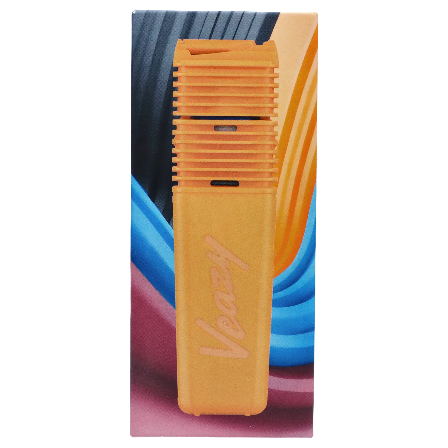 Vertical close-up of the Inspiring Orange Storz & Bickel Veazy Vaporizer centered against a colorful abstract blue and pink background.