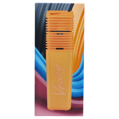 Vertical close-up of the Inspiring Orange Storz & Bickel Veazy Vaporizer centered against a colorful abstract blue and pink background.