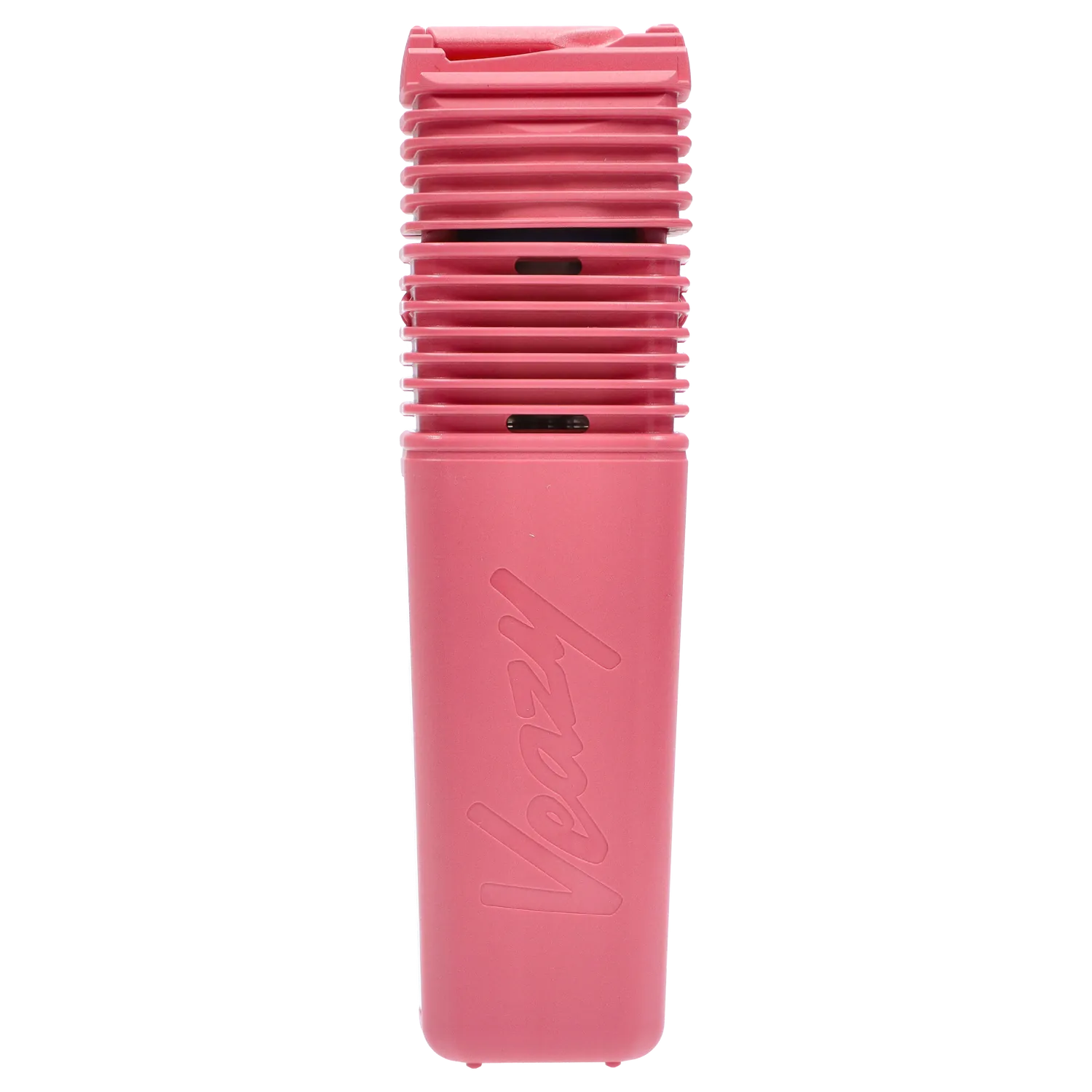 Close-up vertical view of the Storz & Bickel Veazy Vaporizer – Charming Pink showing the ribbed top vents and embossed body against a white background