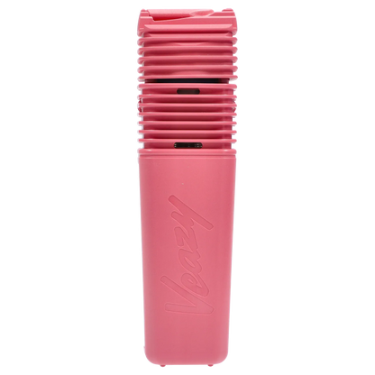 Close-up vertical view of the Storz & Bickel Veazy Vaporizer – Charming Pink showing the ribbed top vents and embossed body against a white background