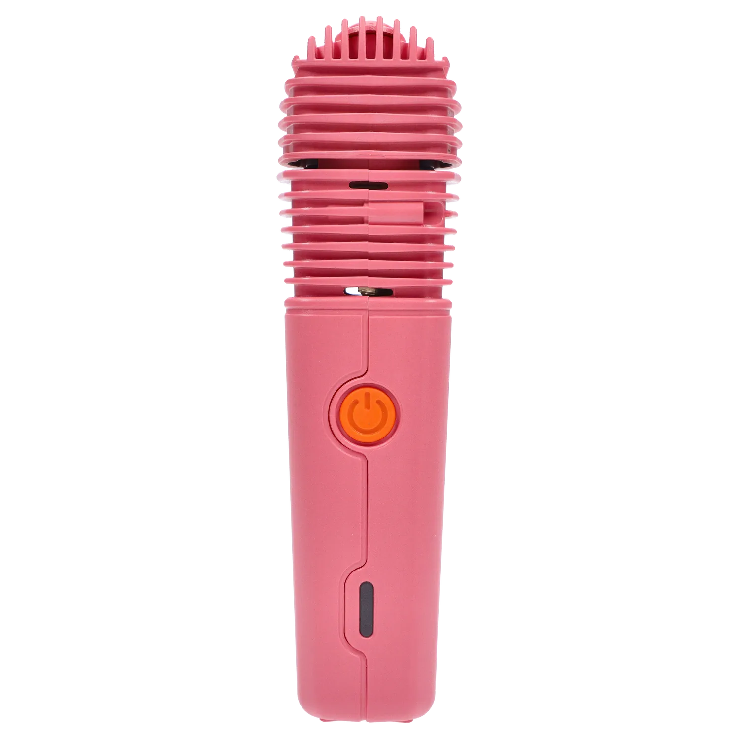 Vertical close-up of the Charming Pink Storz & Bickel Veazy Vaporizer showing its ribbed top, orange power button, and slim body against a white background