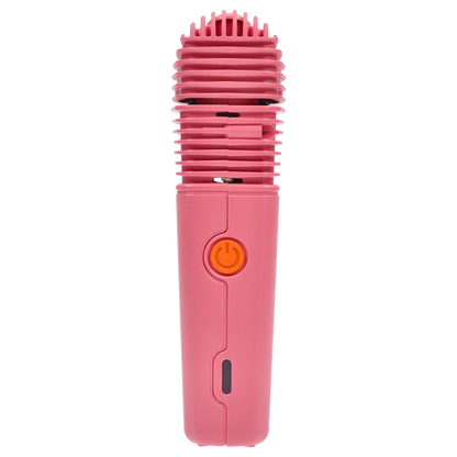 Vertical close-up of the Charming Pink Storz & Bickel Veazy Vaporizer showing its ribbed top, orange power button, and slim body against a white background