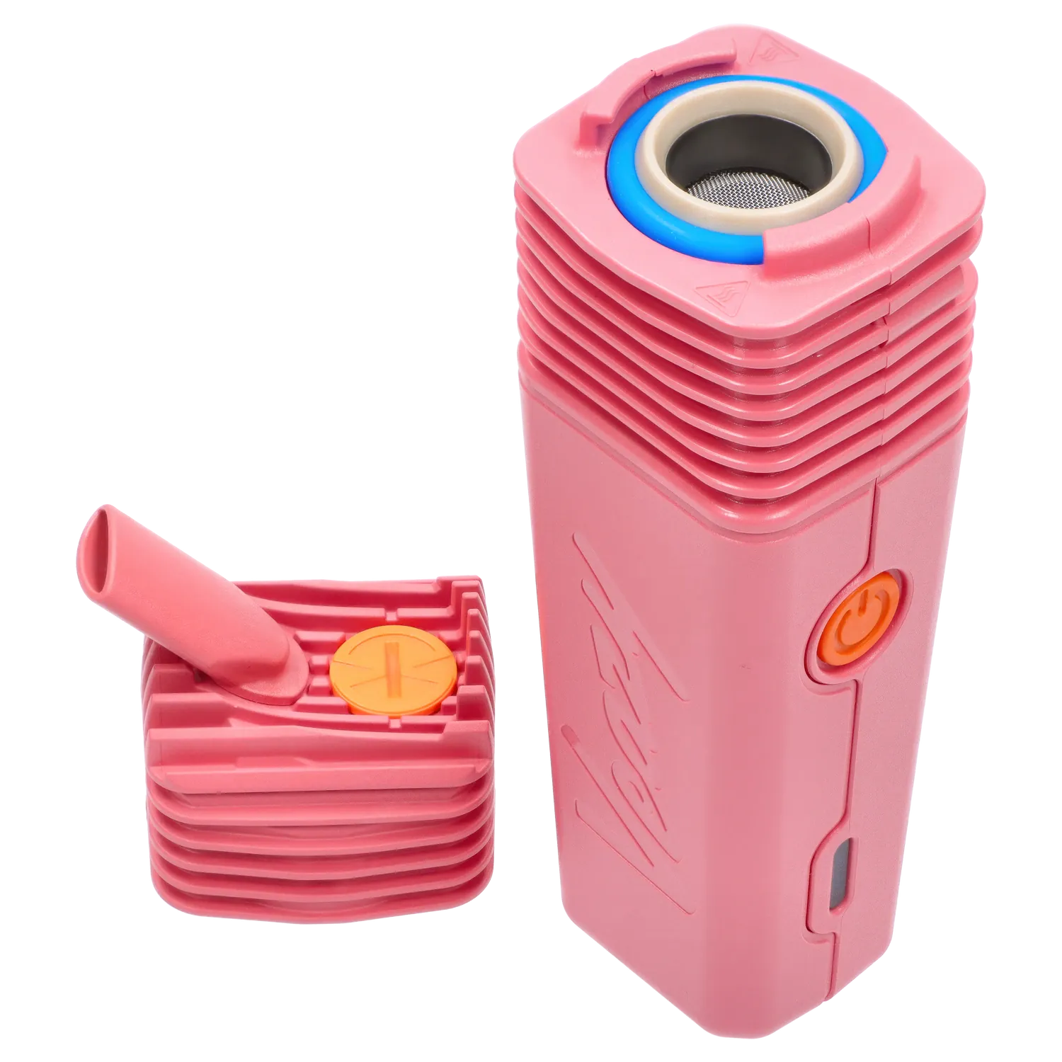Top-down close-up of the Charming Pink Storz & Bickel Veazy Vaporizer showing the ribbed body, open mouthpiece, blue-lined oven and orange power button.