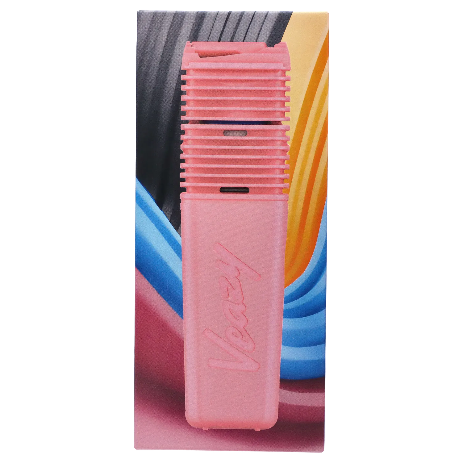 Close-up front view of the Charming Pink Storz & Bickel Veazy Vaporizer centered against a colorful abstract background.