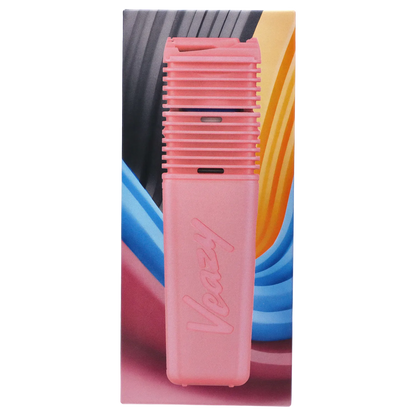 Close-up front view of the Charming Pink Storz & Bickel Veazy Vaporizer centered against a colorful abstract background.