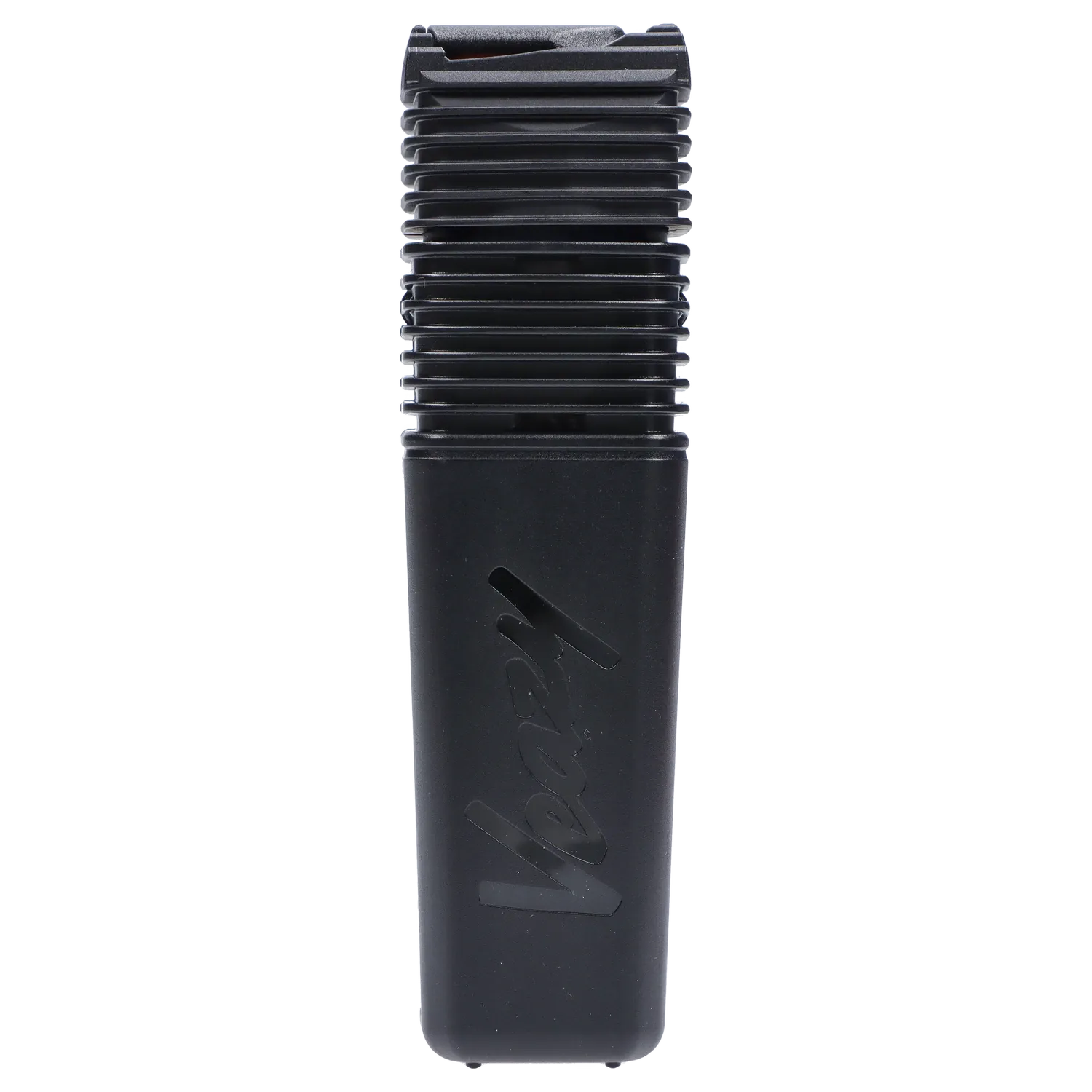 Tall vertical close-up of the Alluring Black Storz & Bickel Veazy Vaporizer showing its ribbed top and matte body with embossed branding.