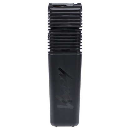 Tall vertical close-up of the Alluring Black Storz & Bickel Veazy Vaporizer showing its ribbed top and matte body with embossed branding.