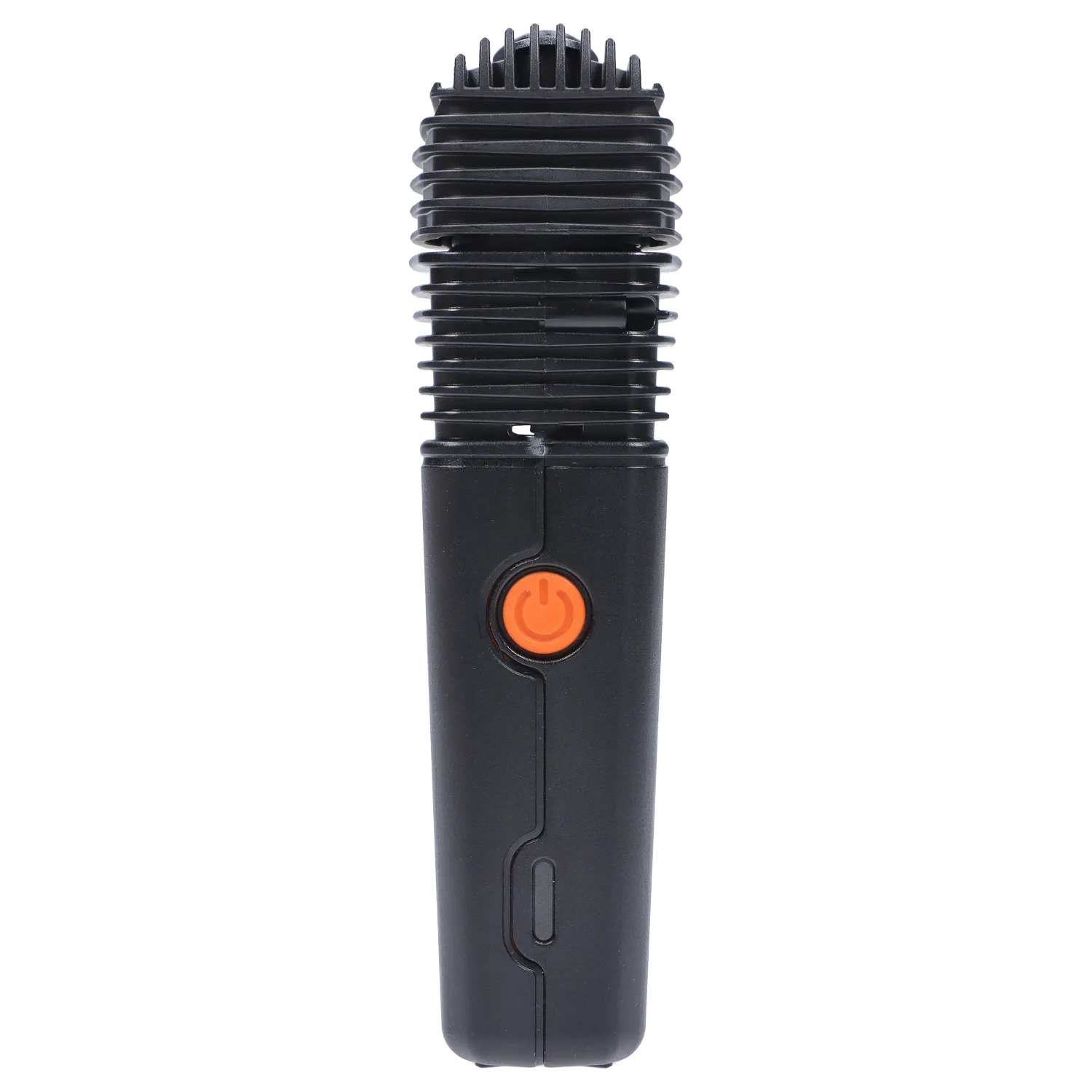 Close-up front view of the Storz & Bickel Veazy Vaporizer - Alluring Black showing its ribbed top, vertical body and bright orange power button.