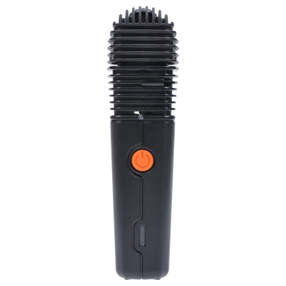 Close-up front view of the Storz & Bickel Veazy Vaporizer - Alluring Black showing its ribbed top, vertical body and bright orange power button.