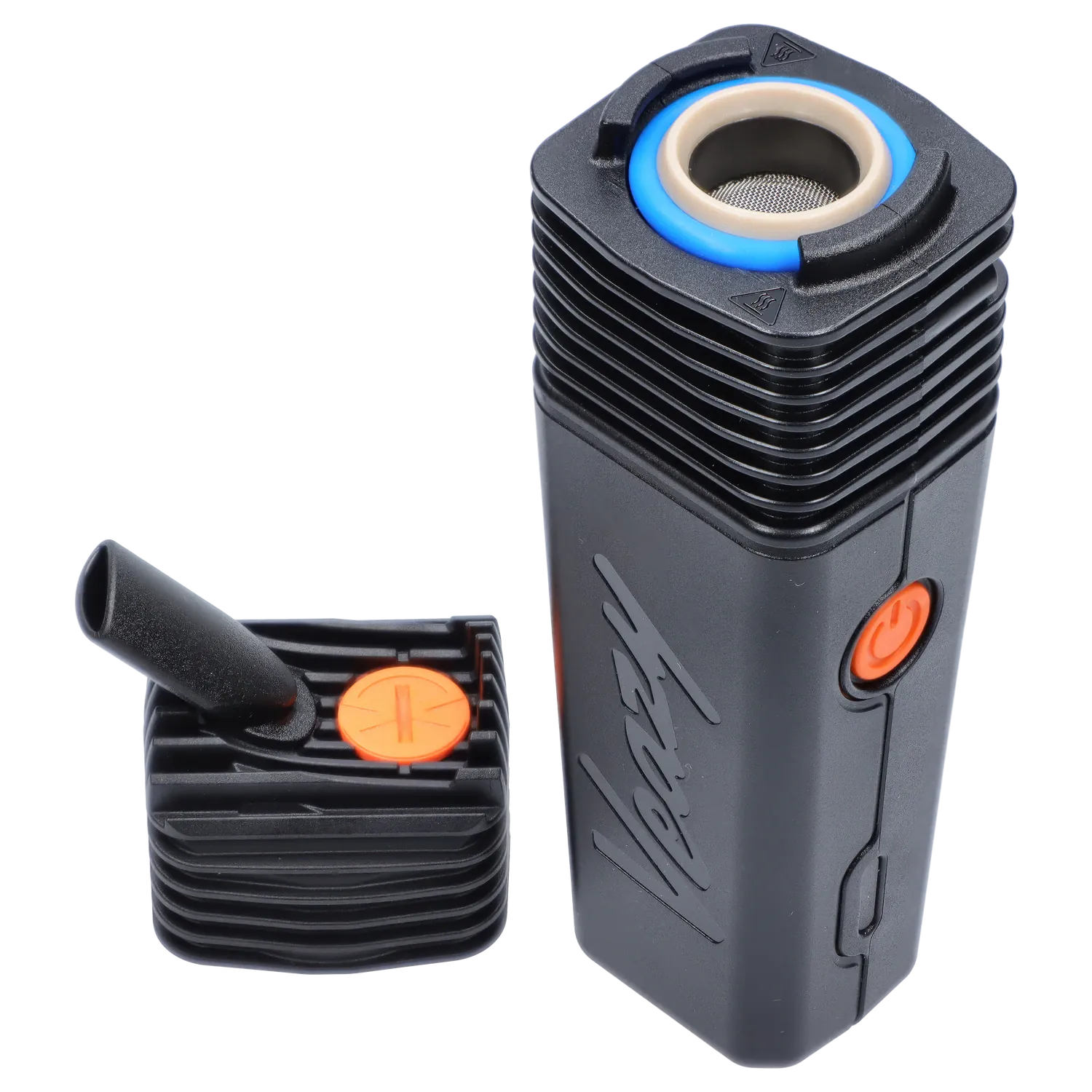 Angled close-up of the Storz & Bickel Veazy Vaporizer - Alluring Black showing its ribbed black body, blue-ringed oven top, orange power button, and removable mouthpiece.