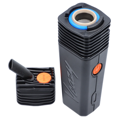 Angled close-up of the Storz & Bickel Veazy Vaporizer - Alluring Black showing its ribbed black body, blue-ringed oven top, orange power button, and removable mouthpiece.