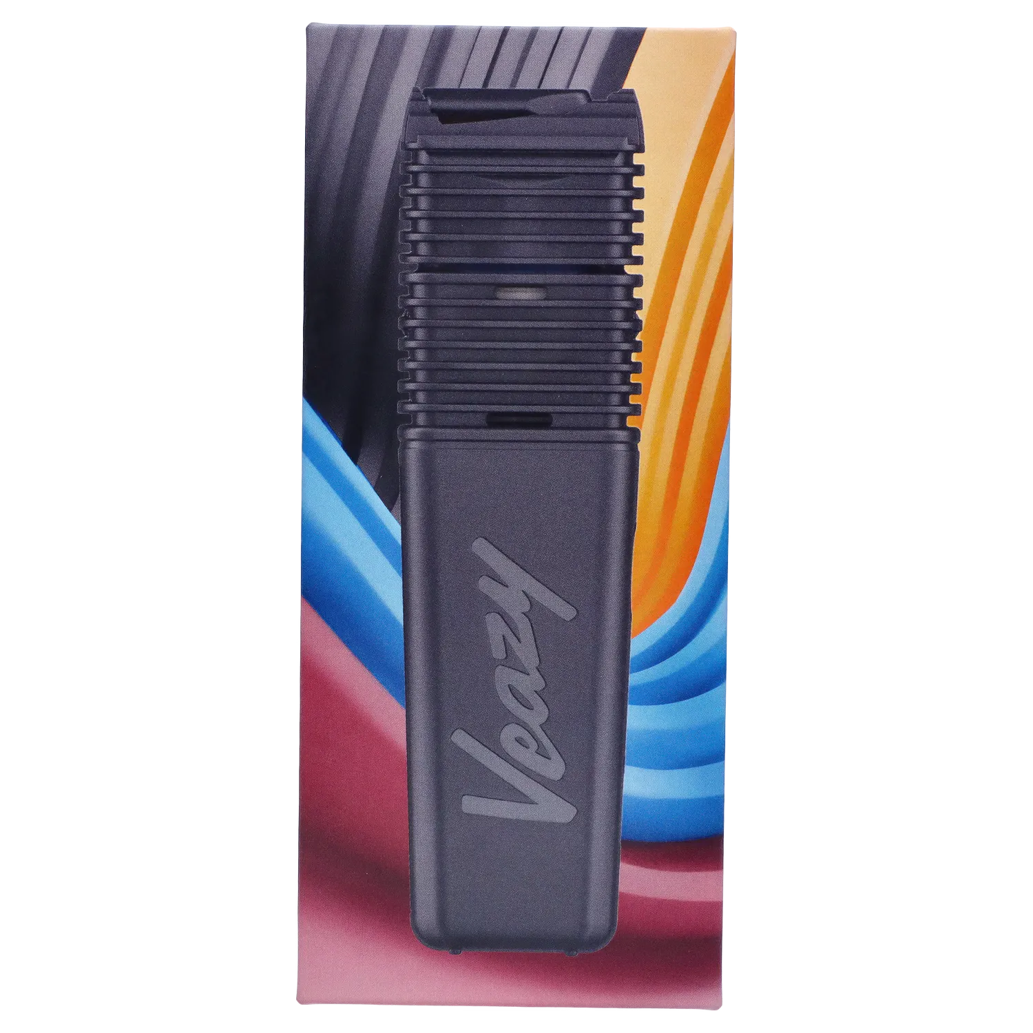 Close-up vertical view of the Storz & Bickel Veazy Vaporizer - Alluring Black centered against a colorful wavy background, showing its ribbed top and embossed "Veazy" body.