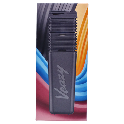 Close-up vertical view of the Storz & Bickel Veazy Vaporizer - Alluring Black centered against a colorful wavy background, showing its ribbed top and embossed "Veazy" body.