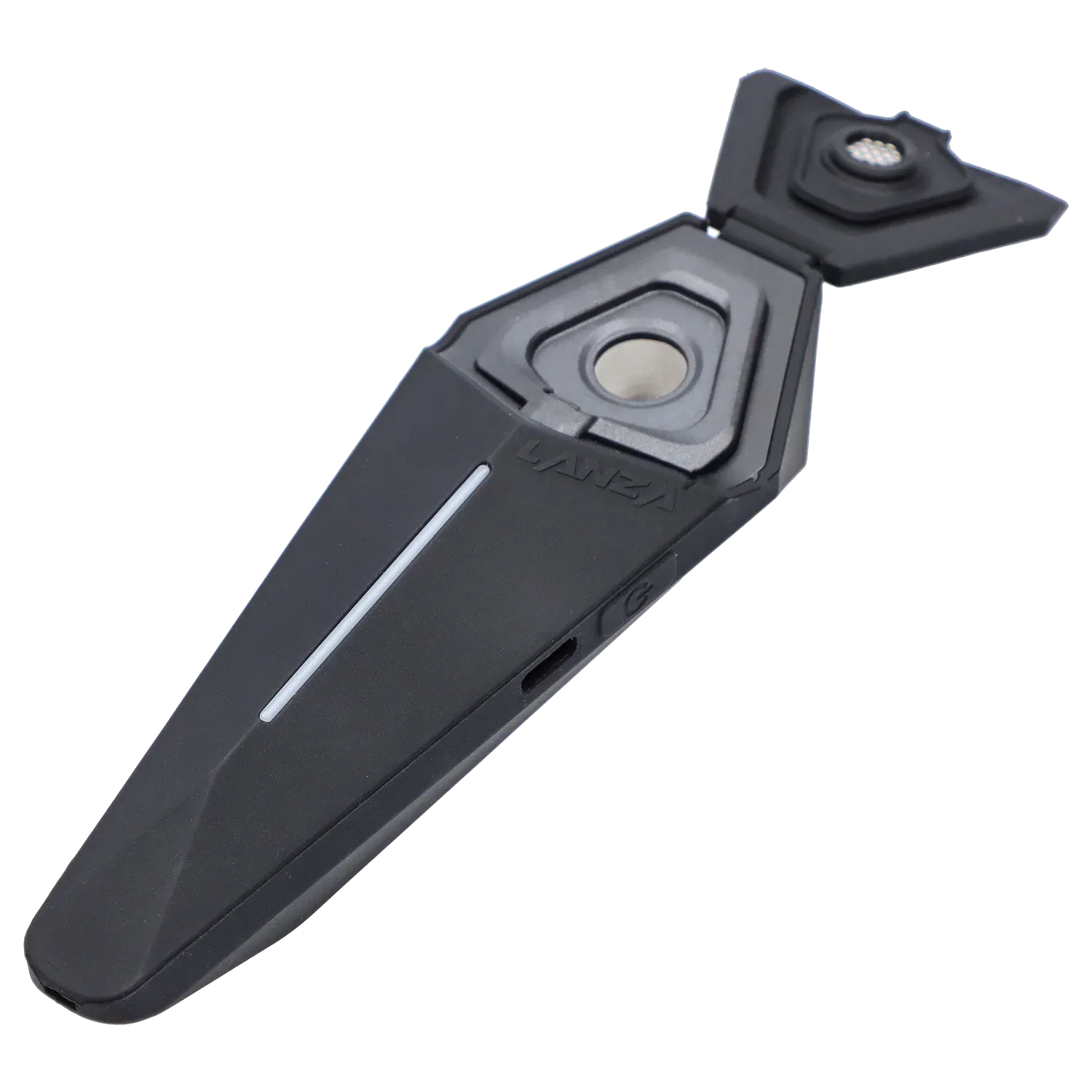 Angled close-up of the black XVape Lanza Dry Herb Vaporizer with its triangular hinged mouthpiece open, showing the metal chamber and white accent stripe.