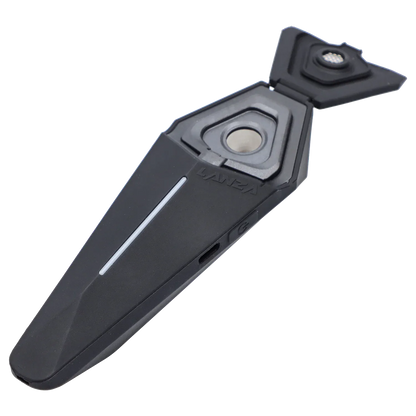 Angled close-up of the black XVape Lanza Dry Herb Vaporizer with its triangular hinged mouthpiece open, showing the metal chamber and white accent stripe.