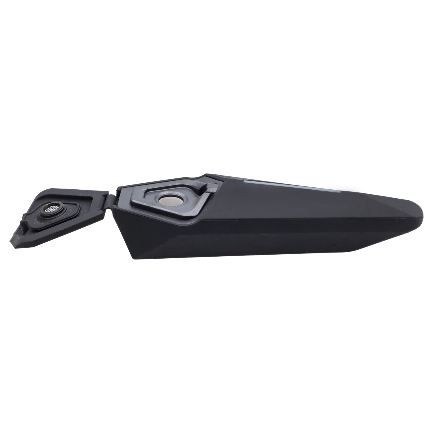 Side profile of the black XVape Lanza Dry Herb Vaporizer with its hinged top open to reveal the triangular herb chamber and metal screen.