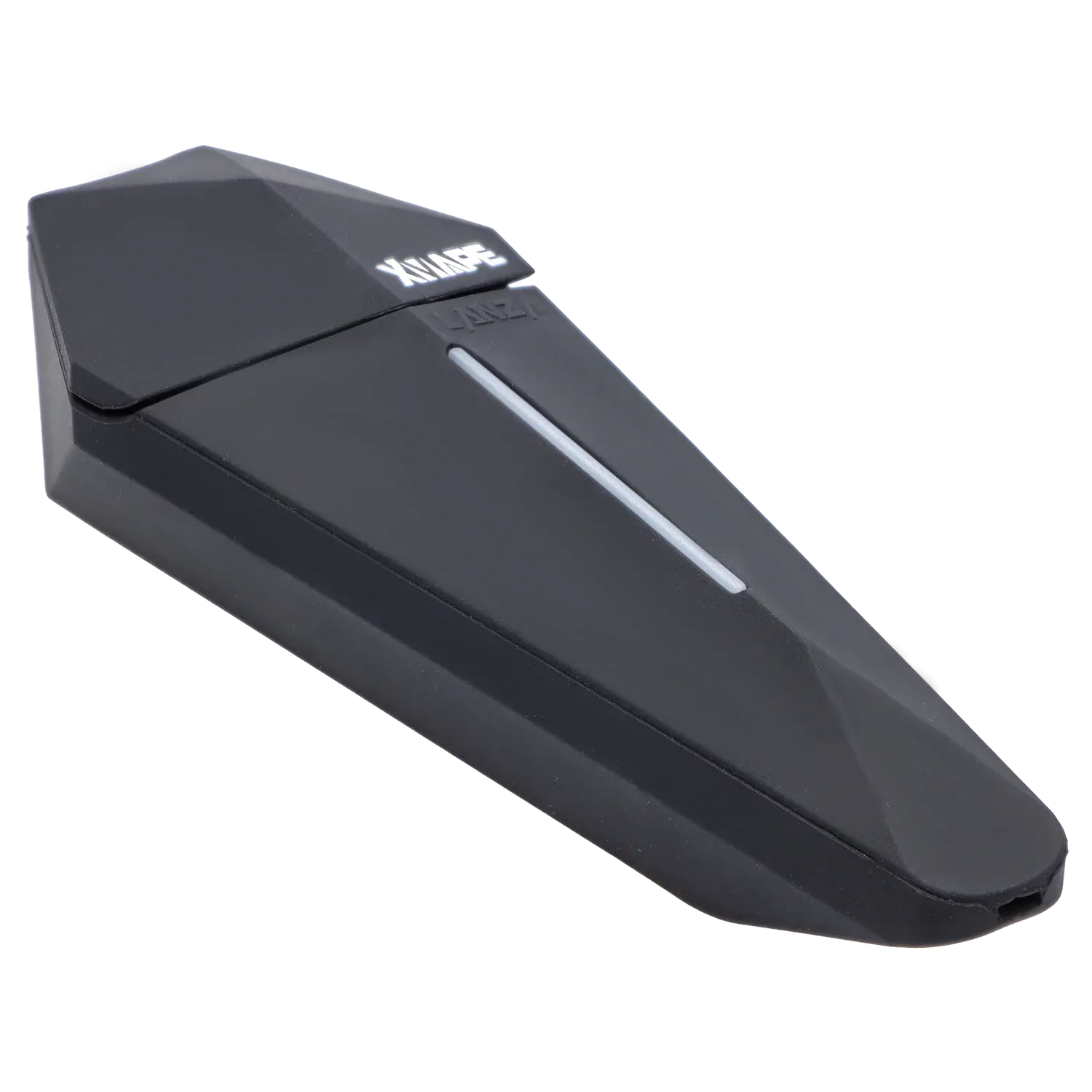 Angled close-up of the black XVape Lanza Dry Herb Vaporizer showing its faceted top, slim LED strip, and embossed XVAPE logo.