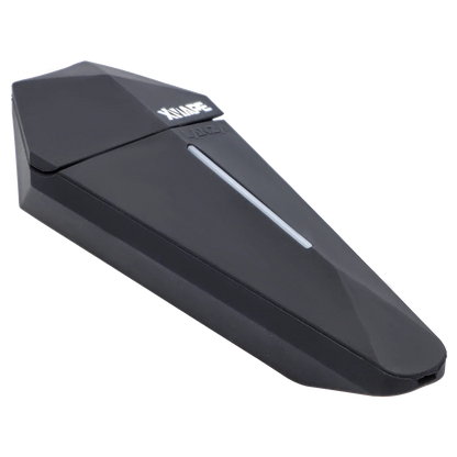 Angled close-up of the black XVape Lanza Dry Herb Vaporizer showing its faceted top, slim LED strip, and embossed XVAPE logo.