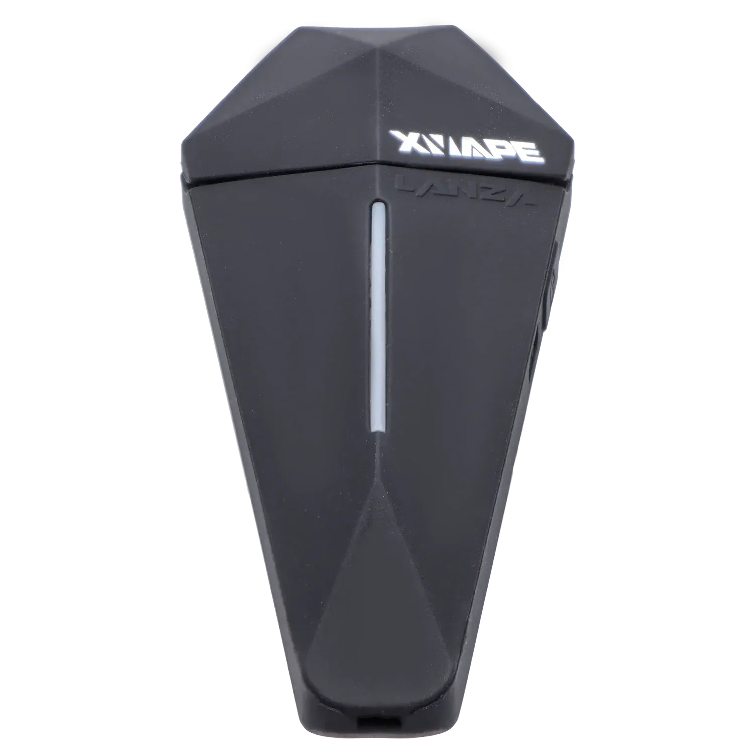 Top-down close-up of the black XVape Lanza Dry Herb Vaporizer showing its faceted, diamond-like top and centered LED strip.