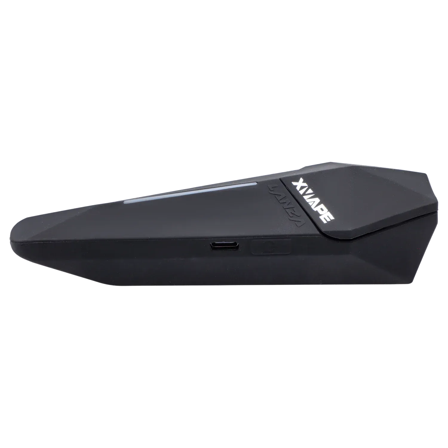 Side profile of the black XVape Lanza Dry Herb Vaporizer showing its angular, tapered body, USB-C port, and white XVAPE logo.