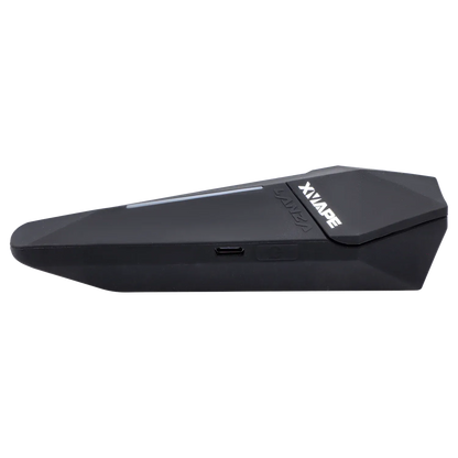 Side profile of the black XVape Lanza Dry Herb Vaporizer showing its angular, tapered body, USB-C port, and white XVAPE logo.