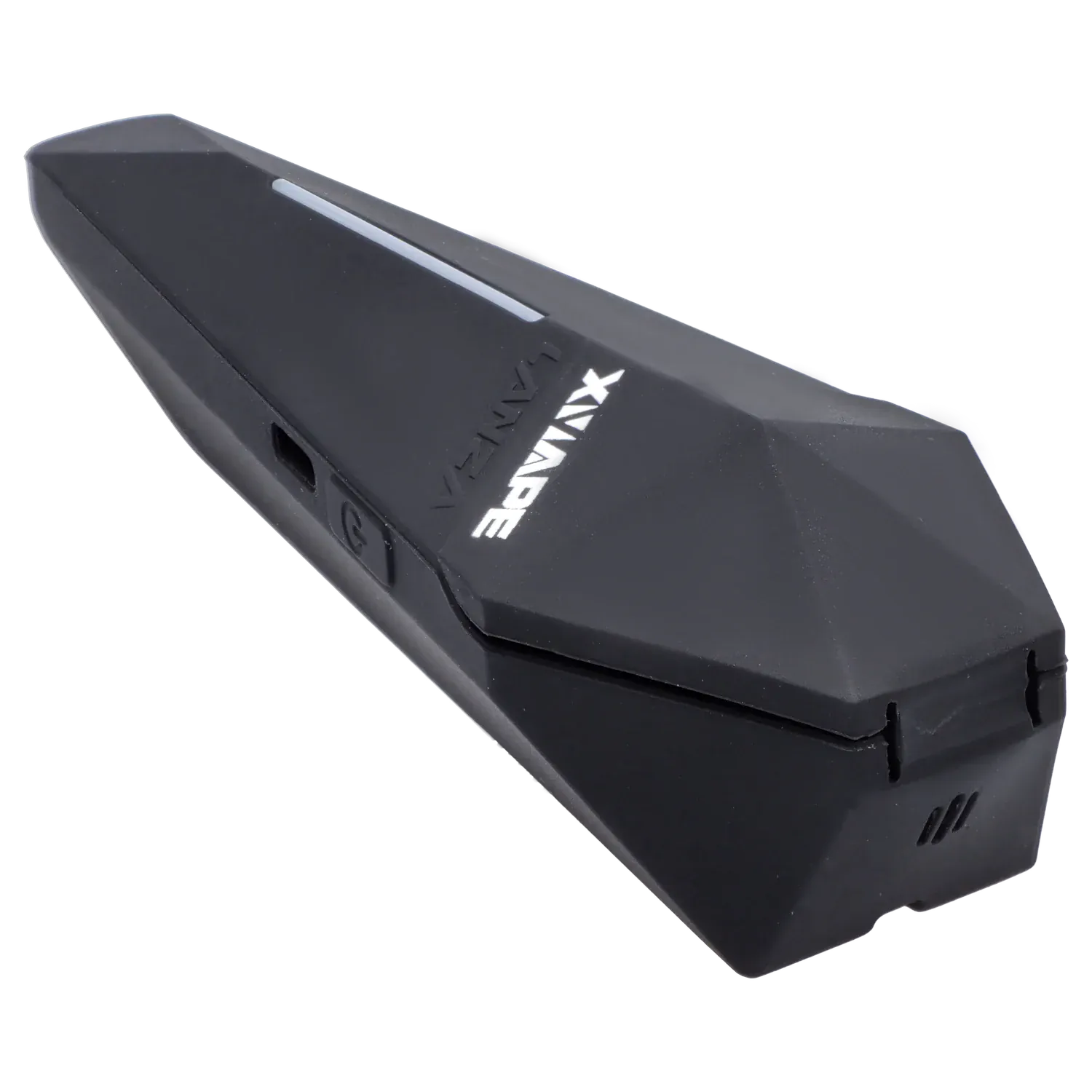 Angled close-up of the black XVape Lanza Dry Herb Vaporizer showing its faceted top, slim LED strip, and embossed logo.