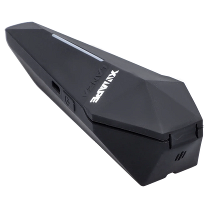 Angled close-up of the black XVape Lanza Dry Herb Vaporizer showing its faceted top, slim LED strip, and embossed logo.
