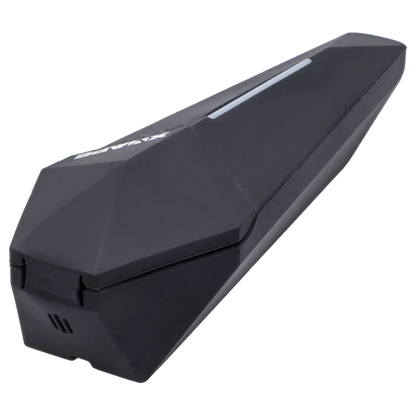 Angled close-up of the black XVape Lanza Dry Herb Vaporizer showing its faceted top surface and slim side LED strip.